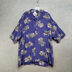 Avanti Men Shirt XL‎ Light Blue Button Up Silk Pineapple Hawaiian Short Sleeve